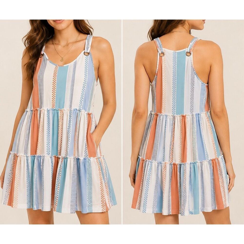 ETCYY Striped Tiered Sundress Large Pastel Boho Beach Mini Dress